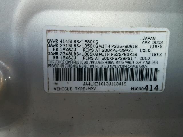 JA4LX31G13U113419 - 2003 MITSUBISHI OUTLANDER SILVER photo 10