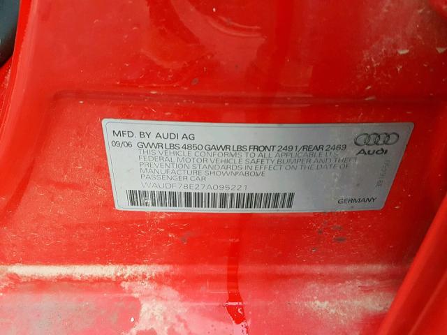 WAUDF78E27A095221 - 2007 AUDI A4 2.0T QU RED photo 10