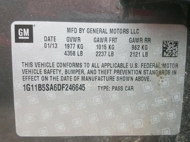 1G11B5SA6DF246645 - 2013 CHEVROLET MALIBU LS Сұр фото 10