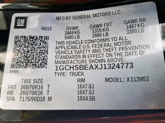 1GCHSBEAXJ1324773 - 2018 CHEVROLET COLORADO BLACK photo 10