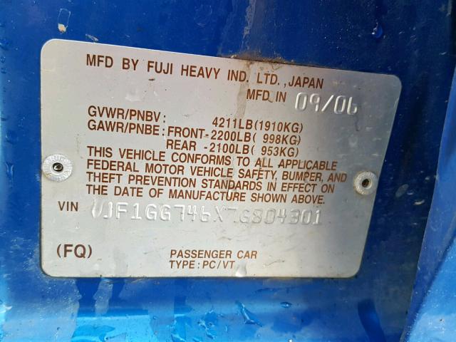 JF1GG746X7G804301 - 2007 SUBARU IMPREZA WR BLUE photo 10