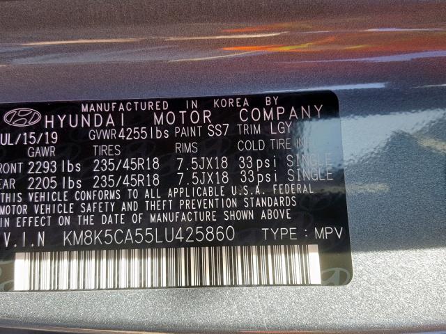 KM8K5CA55LU425860 - 2020 HYUNDAI KONA ULTIM GRAY photo 10