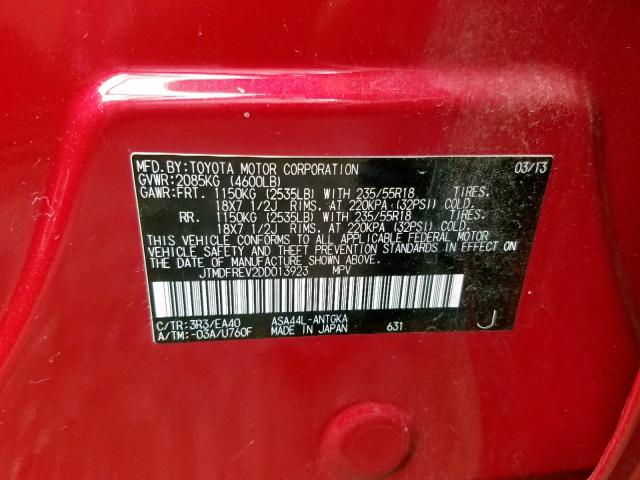 JTMDFREV2DD013923 - 2013 TOYOTA RAV4 LIMIT RED photo 10