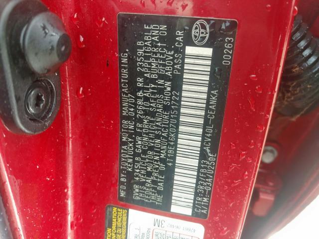 4T1BE46K07U151722 - 2007 TOYOTA CAMRY CE RED photo 10