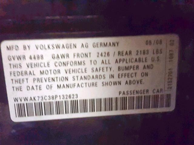 WVWAK73C38P132623 - 2008 VOLKSWAGEN PASSAT KOM BLACK photo 10