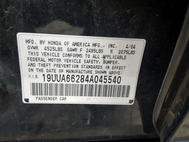 19UUA66284A045540 - 2004 ACURA TL BLACK photo 10