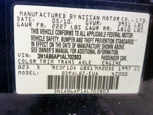 3N1AB6AP1AL702803 - 2010 NISSAN SENTRA 2.0 BLUE photo 10