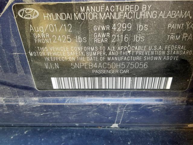 5NPEB4AC5DH575056 - 2013 HYUNDAI SONATA GLS BLUE photo 10