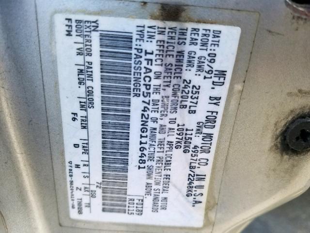 1FACP5742NG116481 - 1992 FORD TAURUS GL SILVER photo 10