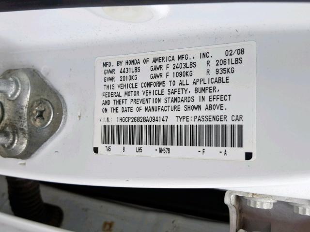 1HGCP26828A094147 - 2008 HONDA ACCORD EXL WHITE photo 10