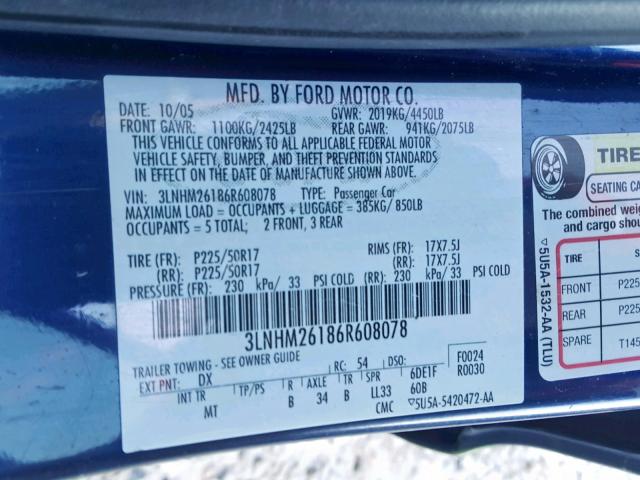 3LNHM26186R608078 - 2006 LINCOLN ZEPHYR BLUE photo 10