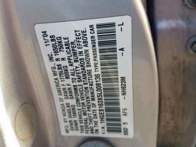 1HGES163X5L008136 - 2005 HONDA CIVIC DX V SILVER photo 10