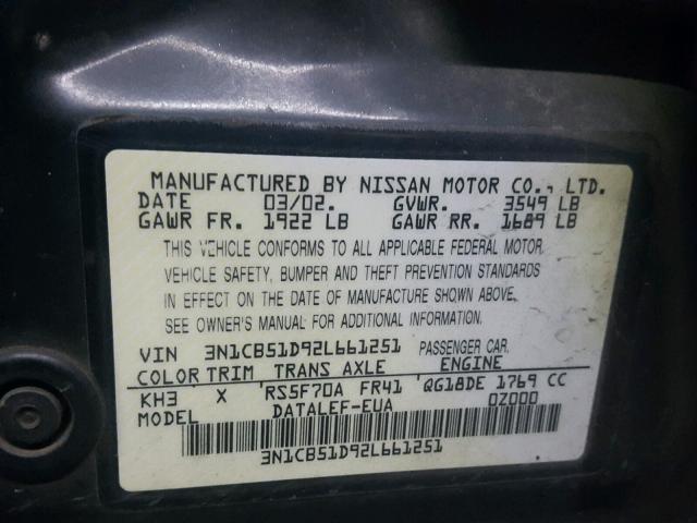 3N1CB51D92L661251 - 2002 NISSAN SENTRA XE BLACK photo 10