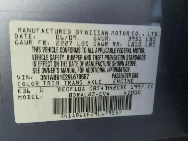 3N1AB61E29L679557 - 2009 NISSAN SENTRA 2.0 GRAY photo 10