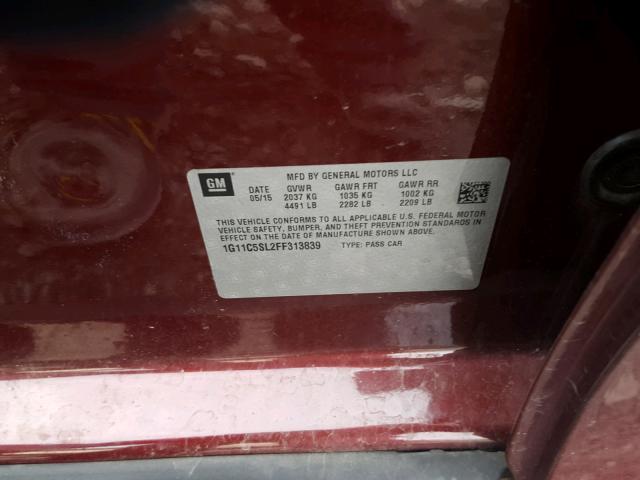 1G11C5SL2FF313839 - 2015 CHEVROLET MALIBU 1LT RED photo 10