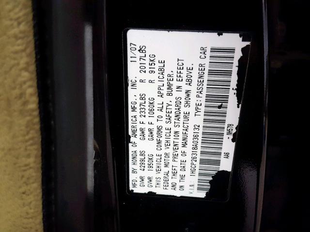 1HGCP26318A036132 - 2008 HONDA ACCORD LX BLACK photo 10