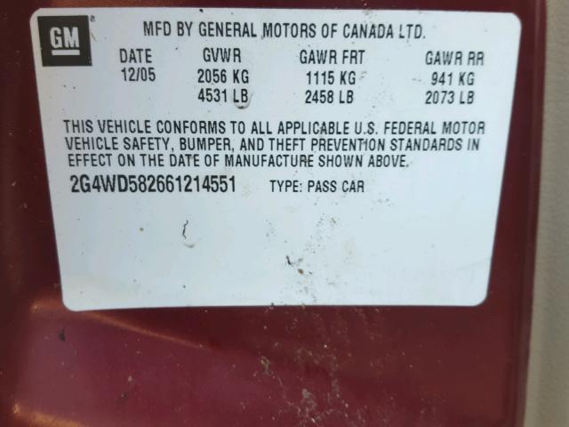 2G4WD582661214551 - 2006 BUICK LACROSSE C BURGUNDY photo 10