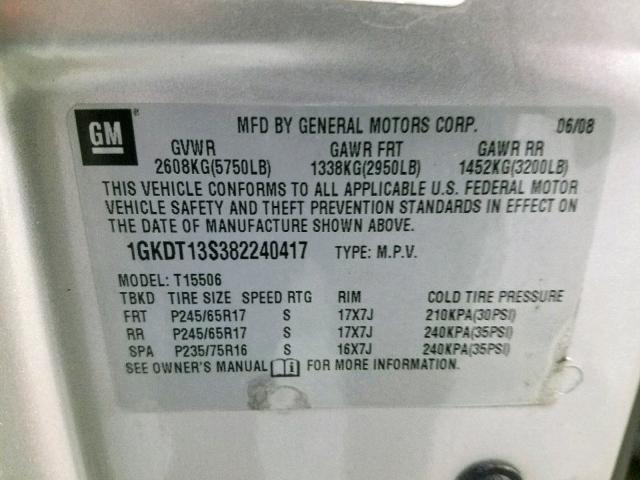 1GKDT13S382240417 - 2008 GMC ENVOY SILVER photo 10