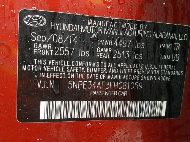 5NPE34AF3FH081059 - 2015 HYUNDAI SONATA SPO RED photo 10