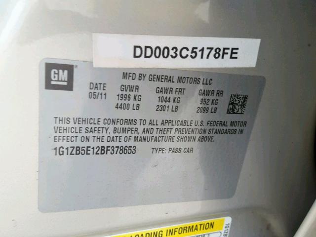 1G1ZB5E12BF378653 - 2011 CHEVROLET MALIBU LS Bej foto 10