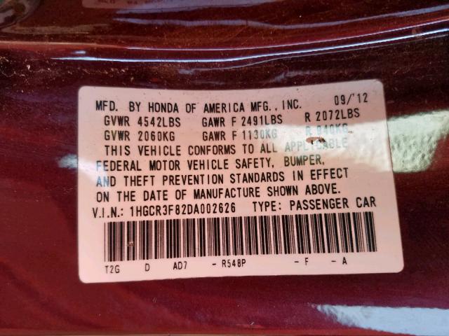 1HGCR3F82DA002626 - 2013 HONDA ACCORD EXL MAROON photo 10