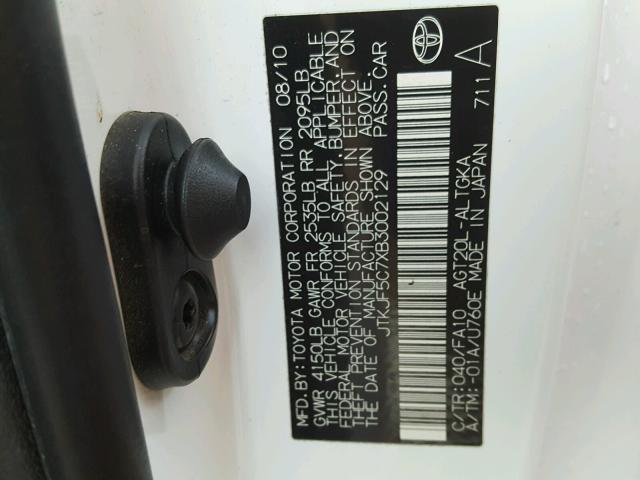 JTKJF5C7XB3002129 - 2011 TOYOTA SCION TC თეთრი ფოტო 10