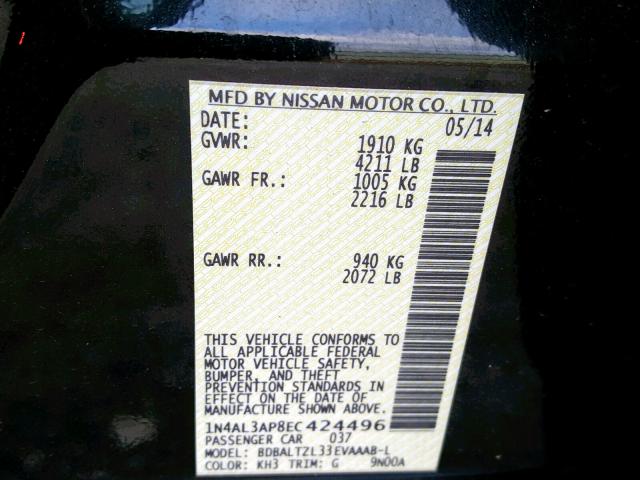 1N4AL3AP8EC424496 - 2014 NISSAN ALTIMA 2.5 BLACK photo 10