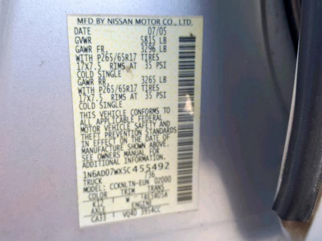 1N6AD07WX5C455492 - 2005 NISSAN FRONTIER C SILVER photo 10