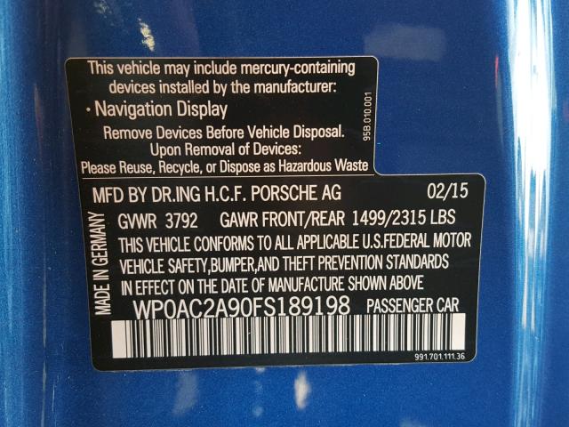 WP0AC2A90FS189198 - 2015 PORSCHE 911 GT3 BLUE photo 10