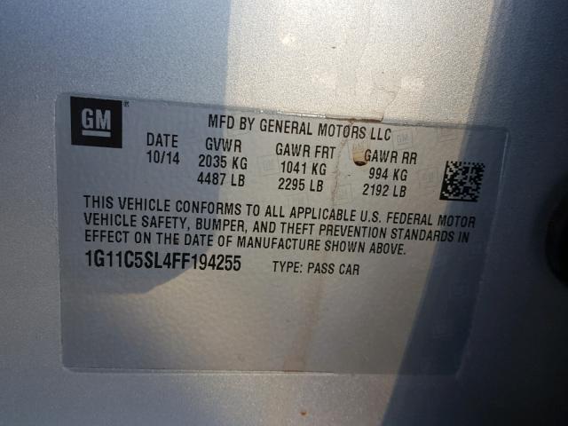 1G11C5SL4FF194255 - 2015 CHEVROLET MALIBU 1LT 银色 照片 10