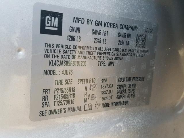 KL4CJASB9FB101205 - 2015 BUICK ENCORE SILVER photo 10