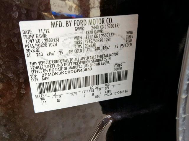 2FMDK3KC0DBB43843 - 2013 FORD EDGE LIMIT BLACK photo 10