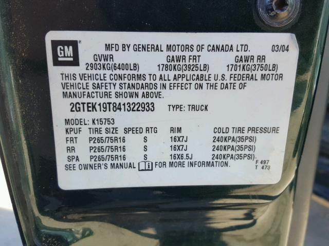 2GTEK19T841322933 - 2004 GMC NEW SIERRA GREEN photo 10