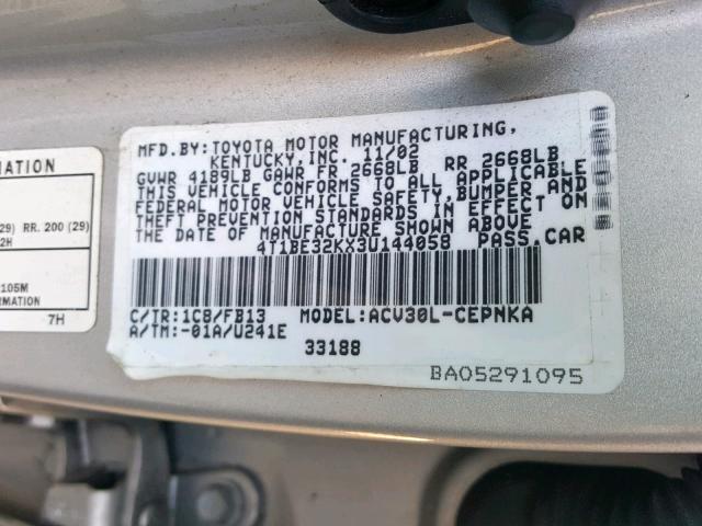 4T1BE32KX3U144058 - 2003 TOYOTA CAMRY LE/X SILVER photo 10