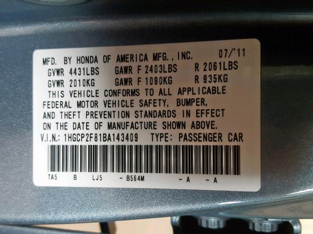 1HGCP2F81BA143409 - 2011 HONDA ACCORD EXL BLUE photo 10