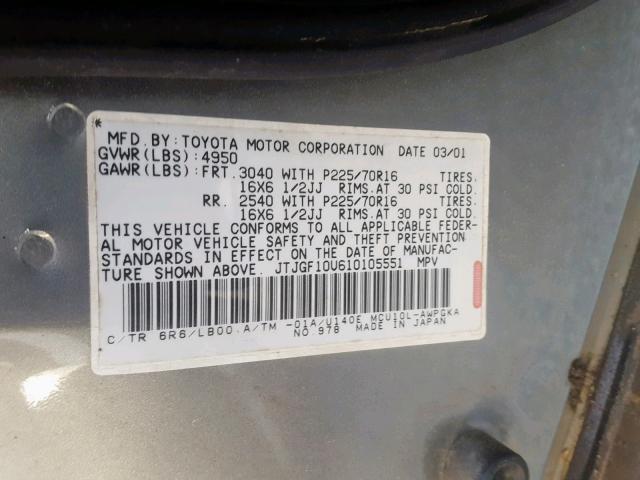 JTJGF10U610105551 - 2001 LEXUS RX 300 GRAY photo 10