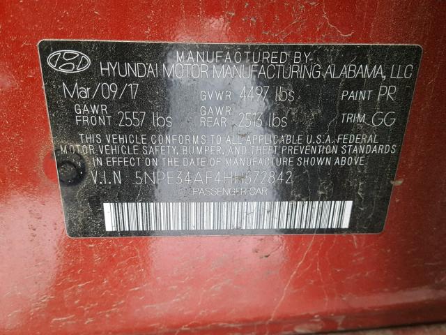 5NPE34AF4HH572842 - 2017 HYUNDAI SONATA SPO RED photo 10