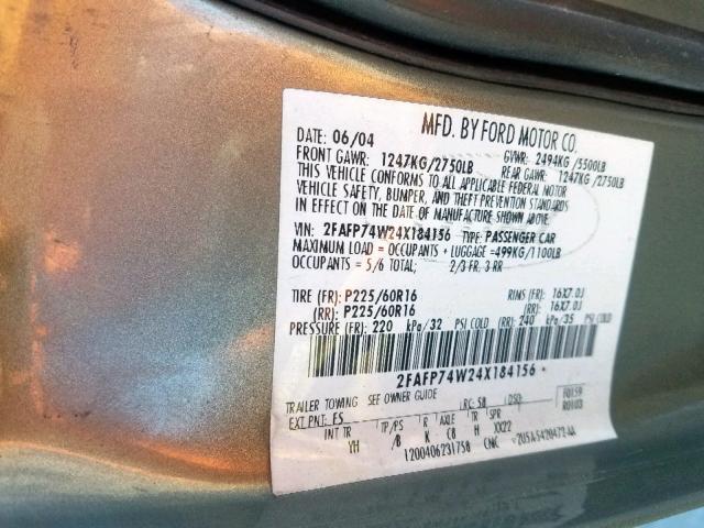 2FAFP74W24X184156 - 2004 FORD CROWN VICT GRAY photo 10