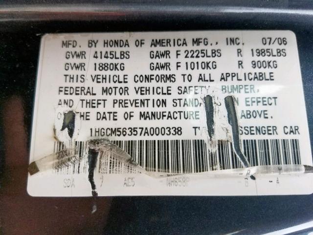 1HGCM56357A000338 - 2007 HONDA ACCORD SE BLUE photo 10