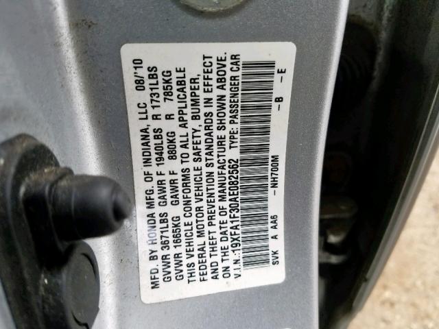 19XFA1F30AE082562 - 2010 HONDA CIVIC VP SILVER photo 10