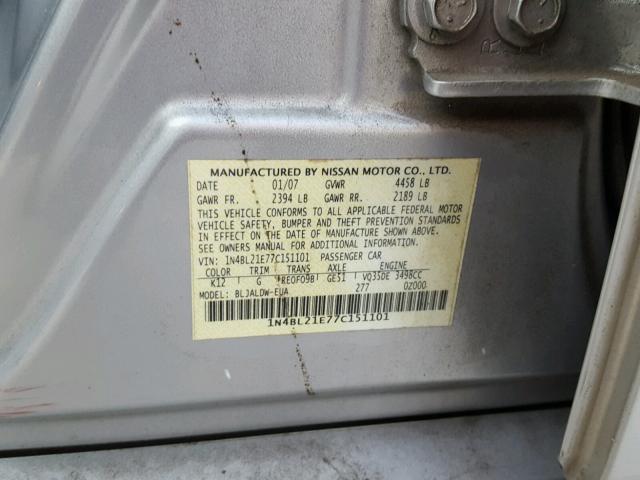 1N4BL21E77C151101 - 2007 NISSAN ALTIMA 3.5 SILVER photo 10