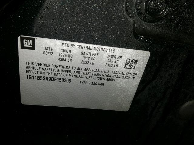 1G11B5SA9DF150296 - 2013 CHEVROLET MALIBU LS შავი ფოტო 10