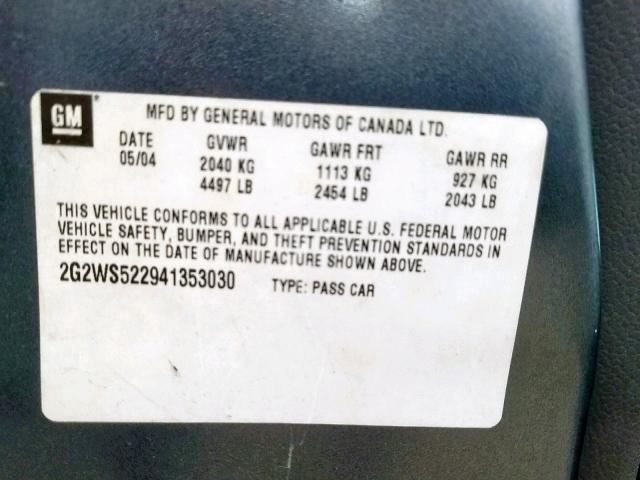 2G2WS522941353030 - 2004 PONTIAC GRAND PRIX GRAY photo 10