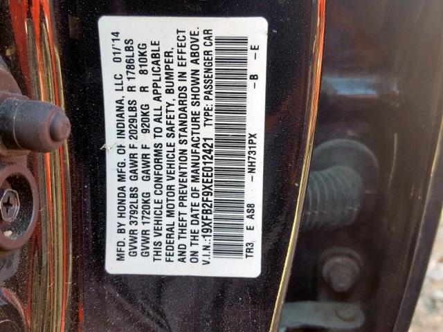 19XFB2F9XEE012421 - 2014 HONDA CIVIC EXL BLACK photo 10