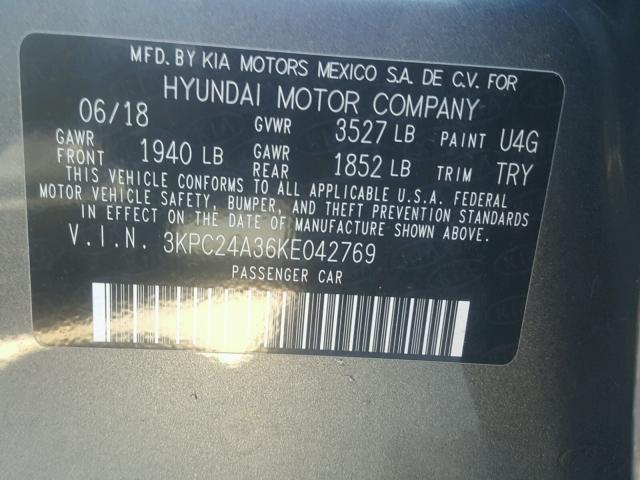 3KPC24A36KE042769 - 2019 HYUNDAI ACCENT SE GRAY photo 10