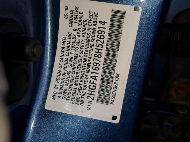 2HGFA16978H526914 - 2008 HONDA CIVIC EXL BLUE photo 10