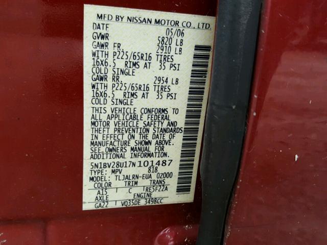 5N1BV28U17N101487 - 2007 NISSAN QUEST S RED photo 10