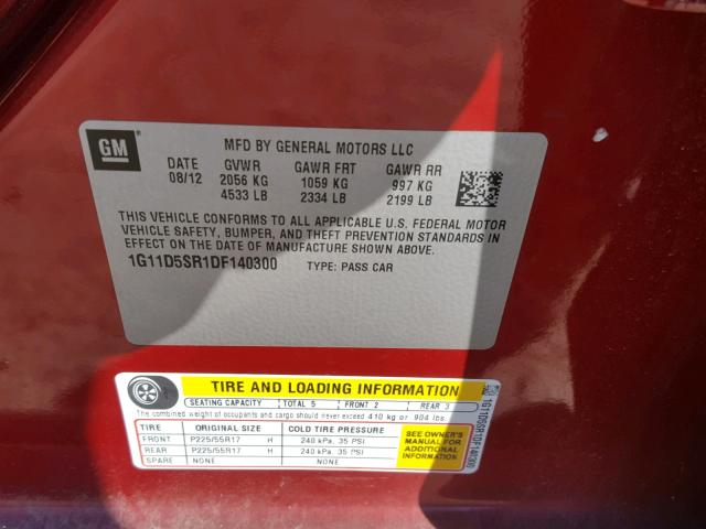 1G11D5SR1DF140300 - 2013 CHEVROLET MALIBU 1LT RED photo 10