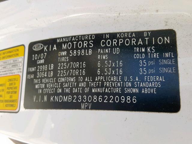 KNDMB233086220986 - 2008 KIA SEDONA EX WHITE photo 10