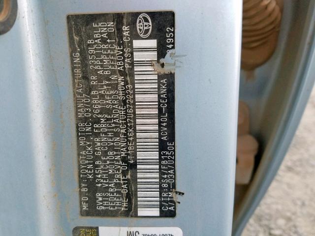 4T1BE46K17U672223 - 2007 TOYOTA CAMRY CE BLUE photo 10